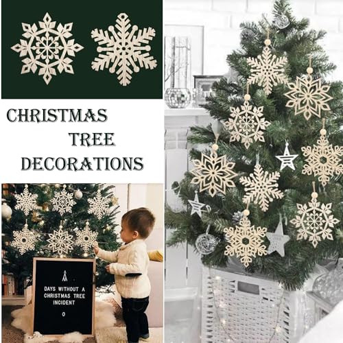 16pcs Large Christmas Wooden Snowflakes Hanging Ornaments DIY Craft Snowflake Wooden Ornaments Cutouts Unfinished Wood Cutout Christmas Decorations MFLUEEWR