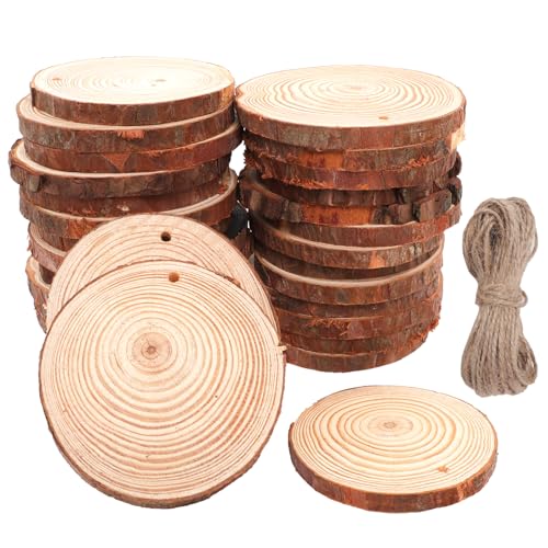 Natural Wood Slices 30Pcs 2.7-3.1 Inches Craft Wood Kit Unfinished Predrilled with Hole Wooden Circles Tree Slices for Art and Crafts Wood Christmas