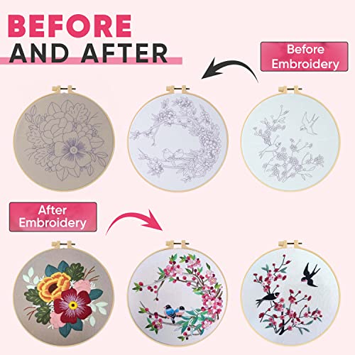ZENSTORE 3 Sets Embroidery Kit For Beginners Adults - 3 Plastic Hoops And 3 Flowers Hand Embroidery Patterns - Needlepoint Kits For Adults - Easy The ZenStore