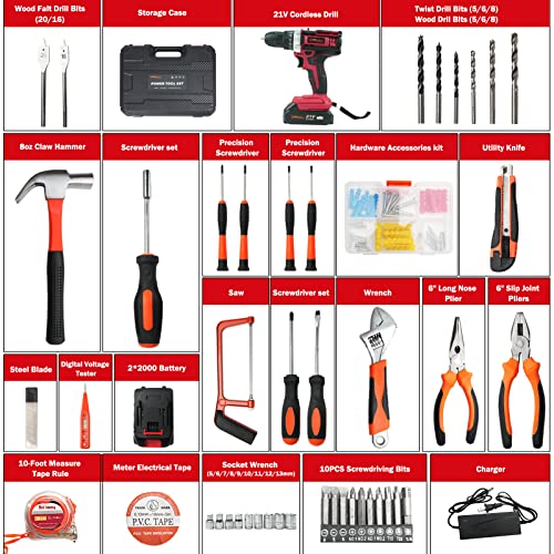 BeHappy Cordless Drill Set, 21V Power Drill Kit, Electric Power Drill Set with 2 Batteries and Charger, 25+3 Torque Setting, 2 Speed, 315 In-lb, LED, - WoodArtSupply