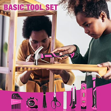 ValueMax Home Tool Kit with Drill, 233-Pieces Pink Tool Set with 12V Cordless Lithium-ion Drill, Power Tool Set with Wide Mouth Open Storage Bag, ValueMax