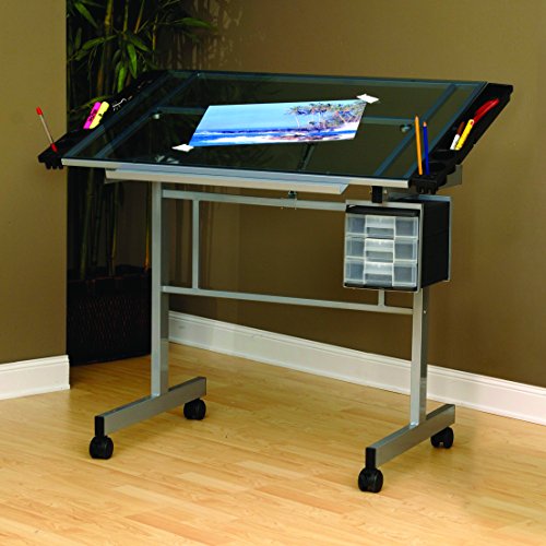 Studio Designs Vision Craft and Drawing Station - 35.5" W by 23.75" D Silver-Blue Glass Top Drafting Table with Pencil Drawers, Side Trays, & SD Studio Designs