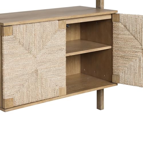 Nathan James Beacon Wall-Mounted Solid Wood Bookshelf with Seagrass Cabinet Fronts - WoodArtSupply