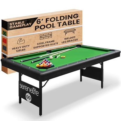 SereneLife 6-Ft Folding Pool Table - Portable Billiard Table - Includes 2X Cue Sticks, Full Set of Balls, Chalk, Brush - Foldable for Kids and Adults - WoodArtSupply