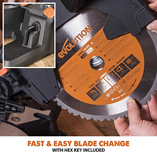 Evolution Power Tools R255SMS+ PLUS 10-Inch Sliding Miter Saw Plus Multi-Material Multi-Purpose Cutting Cuts Metal, Plastic, Wood & More 0˚ - 45˚