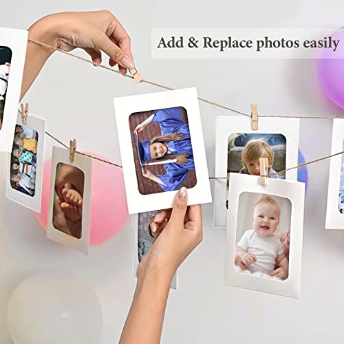 Emfogo Hanging Photo Display, Wood Picture Photo Frame for Wall DIY Decor 5 Strings with 30 Clips, Adjustable Twines fit Multi Pictures Frames Emfogo