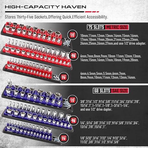 Magnetic Socket Holder Organizer Set: 6-Piece Detachable 1/2 3/8 1/4 Drive Sockets Storage Tray Magnetic Socket Organizer Tool Box Drawer Tool Box SEDY