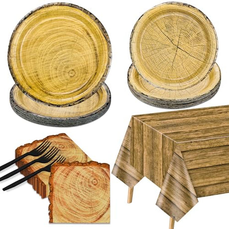 81Pcs Wood Party Decorations - Wood Paper Plates and Napkin Sets, Wood Grain Tablecloth for Lumberjack Rustic Party Decorations Woodland Decorations PTECDROTS