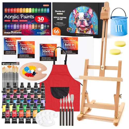 66 Pack Acrylic Paint Set, Shuttle Art Acrylic Painting Set with 30 Colors Acrylic Paint, Wooden Easel, Painting Canvas, Paint Brushes, Palettes, Art