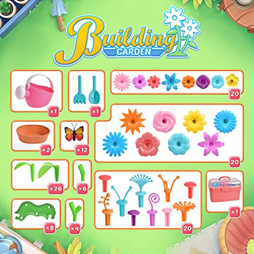 FUN LITTLE TOYS 148PCS Flower Garden Building Toys, Gardening Pretend Play Set, Educational Preschool Activity Kit Stem Toys Stacking Game for Girls FUN LITTLE TOYS