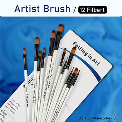 Falling in Art Paint Brushes Set, 12 PCS Nylon Professional Filbert Paint Brushes for Watercolor, Oil Painting, Acrylic, Face Body Nail Art, Crafts, - WoodArtSupply