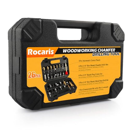 Rocaris 26 Pack Woodworking Chamfer Drilling Tools, Including Countersink Drill Bits, Wood Plug Cutter, Step Drill Bit, Center Punch, L-Wrench