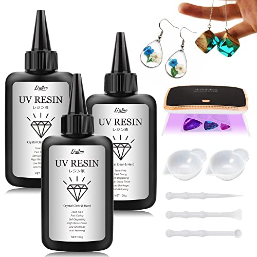 YIEHO 300g UV Resin Kit with Light-Upgraded Crystal Clear Hard UV Curing Premixed Epoxy Resin Starter Supplies for Art Craft Beginner Jewelry Making