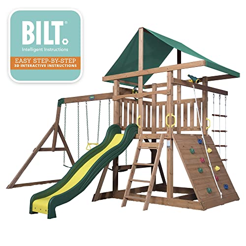 Backyard Discovery Mount McKinley All Cedar Wood Swing Set, Playground for All Kids Age 3-10, Rock Wall, Wave Slide, Fort, Double Rock Climber and Backyard Discovery