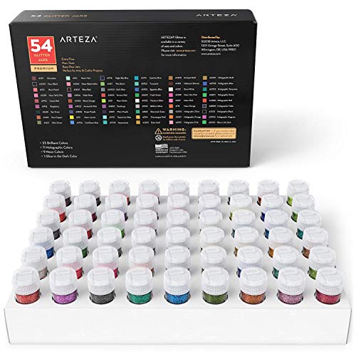 Arteza Fine Glitter, Set of 54 Colors, Shaker Jars (0.34oz/9.6 g) Glow Under UV Black Light, Extra Fine, Art Supplies for DIY Crafts ARTEZA