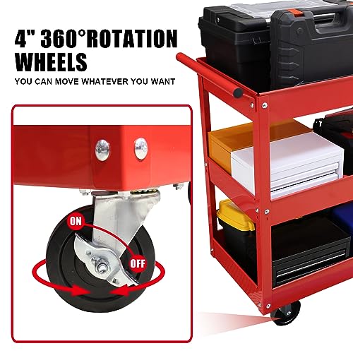 Torin Heavy Duty Utility Cart with 3 Shelf Tiers, Rolling Tool Cart on Wheels, 400lbs Load Capacity, for Garage Warehouse Workshop, APTC302B, Red