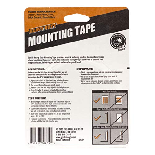 Gorilla Heavy Duty, Extra Long Double Sided Mounting Tape, 1" x 120", Black, (Pack of 1) Gorilla