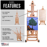U.S. Art Supply Master Multi-Function Studio Artist Wooden Floor Easel - Large Adjustable H-Frame, Tilts Flat, Mast Adjusts to 97" High - Sturdy US Art Supply