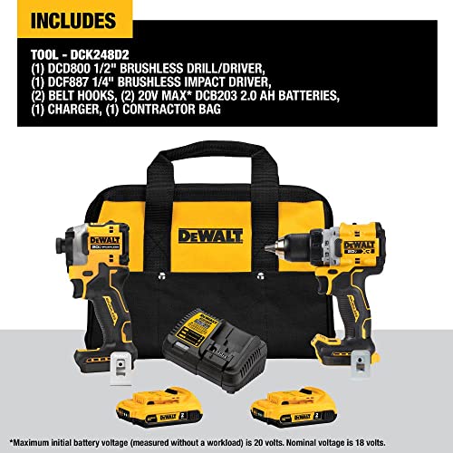 DEWALT 20V MAX* XR Cordless 1/2 in. Drill/Driver and 1/4 in. Impact Driver Kit with (2) 2Ah Batteries & Charger (DCK248D2) - WoodArtSupply