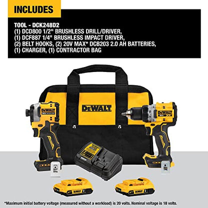 DEWALT 20V MAX* XR Cordless 1/2 in. Drill/Driver and 1/4 in. Impact Driver Kit with (2) 2Ah Batteries & Charger (DCK248D2)