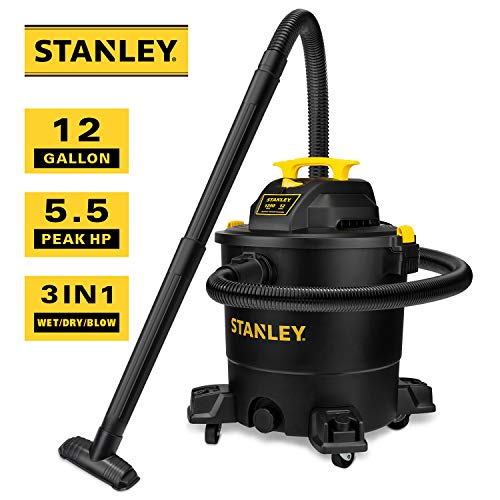 Stanley 12 Gallon 5.5 Peak HP Wet/Dry Vacuum, 3 in 1 Shop Vacuum Blower,1-7/8"x6 Hose, Range for Garage, Carpet Clean, Workshop with Vacuum Stanley
