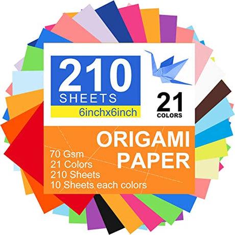 Origami Paper Craft Colored Paper - 210 Sheets,21 Vivid Colors,Double Sided Color,6 Inch Square Paper,Arts and Crafts for Kids Ages 8-12,Origami Kit WZYIHAO