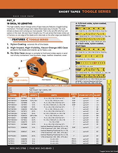 Keson PGT181012V Short Tape Measure with Nylon Coated Steel Blade and Toggle Lock (Graduations: 1/10, 1/100 & ft., in., 1/8), 5/8-Inch by 12-Foot Keson