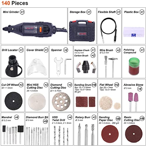 GOXAWEE Rotary Tool Kit with MultiPro Keyless Chuck and Flex Shaft -140pcs Accessories Variable Speed Electric Drill Set for Handmade Crafting - WoodArtSupply