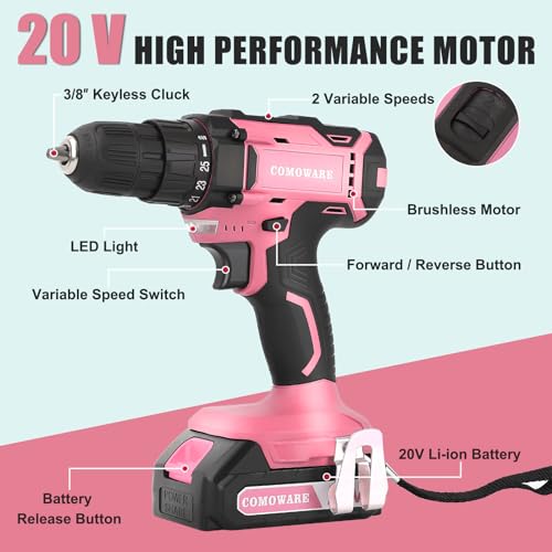 COMOWARE Cordless Drill Set, 20V Power Drill, Pink Drill Set for Women, 1 Battery & Charger, 3/8" Keyless Chuck, 2 Variable Speed, 266 In-lb Torque, COMOWARE