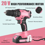 COMOWARE Cordless Drill Set, 20V Power Drill, Pink Drill Set for Women, 1 Battery & Charger, 3/8" Keyless Chuck, 2 Variable Speed, 266 In-lb Torque, COMOWARE