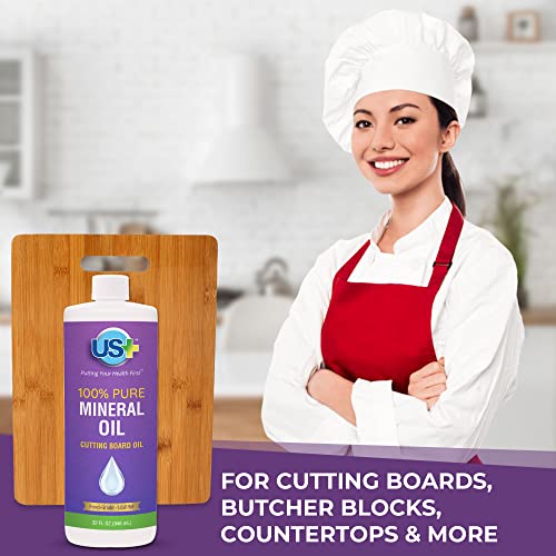 US+ 32oz 100% Pure Mineral Oil - Cutting Board Oil - Food-Grade - USP - Restores & Protects Cutting Boards, Butcher Blocks, Countertops, Steel US+