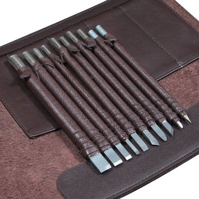 10pcs Wood Chisels Knife Set Stone Wood Carving Tool Kit Made of Tungsten Steel Bonus a Portable Leather Roll Bag CYKD01 - WoodArtSupply