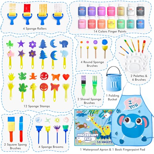 Washable Finger Paint Set, Shuttle Art 46 Pack Kids Paint Set with 14 Colors(60ml) Finger Paints, Brushes, Finger Paint Pad, Sponge, Palette, Smock, Shuttle Art