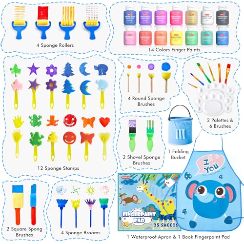  Washable Finger Paint Set, Shuttle Art 46 Pack Kids Paint Set  with 14 Colors(60ml) Finger Paints, Brushes, Finger Paint Pad, Sponge,  Palette, Smock, NonToxic for Toddlers Home Activity Early Education 