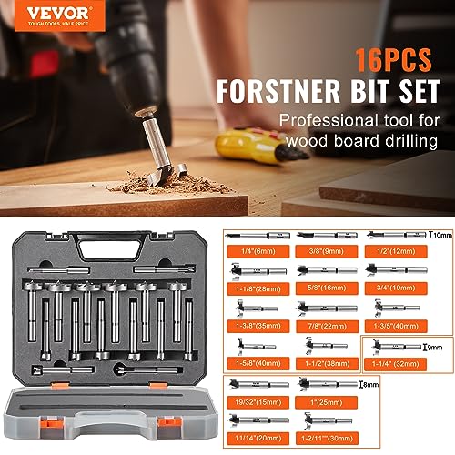 VEVOR Forstner Bit Set, 16 Pcs Forstner Drill Bits Set, 1/4" to 1-5/8", Carbon Steel, with Universal Round Shank, Forstner Drill Bit for Wood and VEVOR