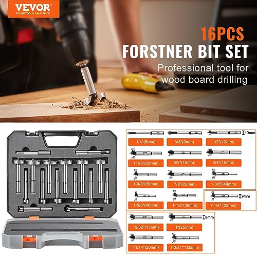 VEVOR Forstner Bit Set, 16 Pcs Forstner Drill Bits Set, 1/4" to 1-5/8", Carbon Steel, with Universal Round Shank, Forstner Drill Bit for Wood and - WoodArtSupply