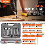 VEVOR Forstner Bit Set, 16 Pcs Forstner Drill Bits Set, 1/4" to 1-5/8", Carbon Steel, with Universal Round Shank, Forstner Drill Bit for Wood and VEVOR