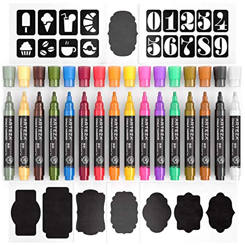 ARTEZA Pastel Liquid Chalk Markers, Set of 16 with 16 Replaceable Chisel Tips, Tweezers, Labels, Stencils - Erasable, Water-Based Pens Ideal for ARTEZA
