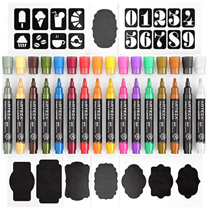 ARTEZA Pastel Liquid Chalk Markers, Set of 16 with 16 Replaceable Chisel Tips, Tweezers, Labels, Stencils - Erasable, Water-Based Pens Ideal for - WoodArtSupply