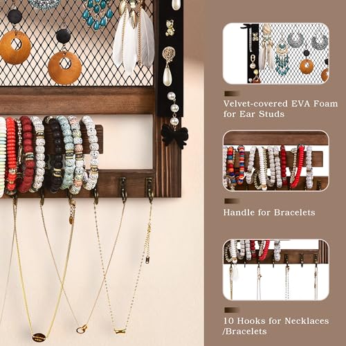LadyRosian Hanging Jewelry Organizer Wall Mount with Rustic Wood