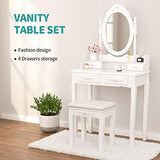 Mecor Vanity Table Set ,Makeup Table with Oval Mirror & Stool, Bedroom Wood Dressing Table with 4 Drawers White mecor