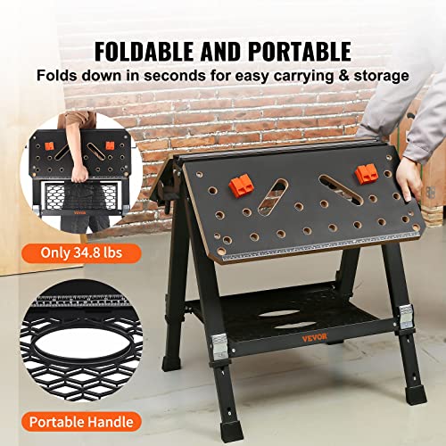 VEVOR Folding Work Table, 2-in-1 as Sawhorse & Workbench, 1000 lbs Capacity, 7 Adjustable Heights, Steel Legs, Portable Foldable Tool Stand with Wood VEVOR