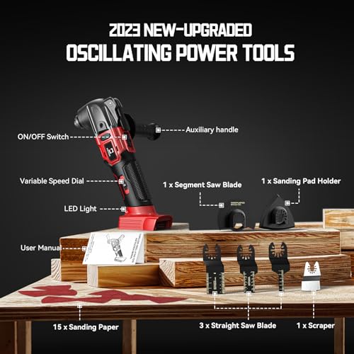 Cordless Oscillating Tool Compatible with Milwaukee 18V Battery, Brushless-Motor Tool with Auxiliary Handle, Oscillating Multi-Tool for Scraping, - WoodArtSupply