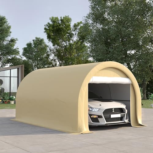 Outsunny 10' x 16' Carport, Heavy Duty Portable Garage Storage Tent with Large Zippered Door, Anti-UV PE Canopy Cover for Car, Truck, Boat, - WoodArtSupply