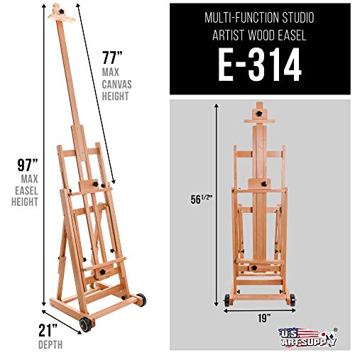 U.S. Art Supply Master Multi-Function Studio Artist Wooden Floor Easel - Large Adjustable H-Frame, Tilts Flat, Mast Adjusts to 97" High - Sturdy US Art Supply