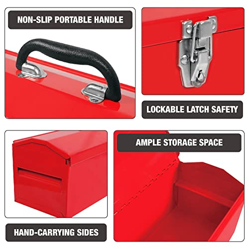 BIG RED ATB212R Torin 19" Steel Portable Tool Box Hip Roof Style Tool Box Organizer with Metal Latch Closure and Removable Storage Tray, Red BIG RED