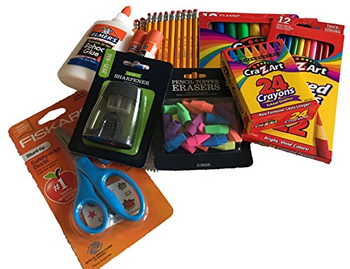 Classroom Supply Pack Bundle -Safety-Edge Scissors, 24 Crayons, 12 color pencils, 20 pencils with sharpener, Elmer's Glue sticks, 4oz Elmer’s Glue, P and Q Gifts