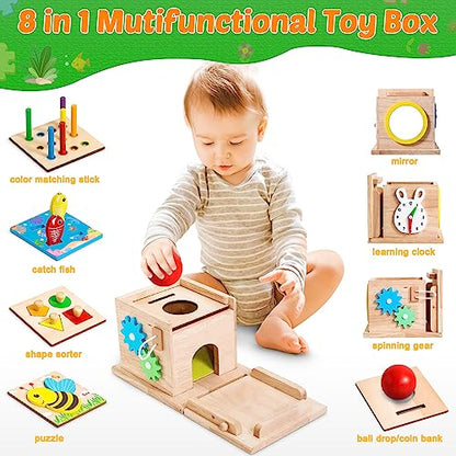 8-in-1 Wooden Montessori Toys for Babies 6-12 Months, Object Permanence Box, Wooden Play Kit for Kids Age 1 2, Coin Box, Shape Sorter, Toddlers