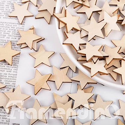 Framendino, 100 Pack Wood Stars Cutouts Unfinished Wooden Stars Pieces Blank Slices for DIY Crafts Wedding Party 1 Inch