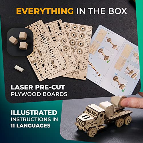 UGEARS Military Truck 3D Puzzle - Wooden Model Kit for Adults to Build - Mechanical Model Truck Car Making Kit - 3D Jigsaw Puzzle Wood Off-Road Car - UGEARS
